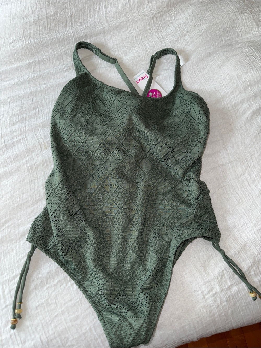 Freya 32DD Nomad Nights Olive Crochet One-Piece Swimsuit with Bead Ties